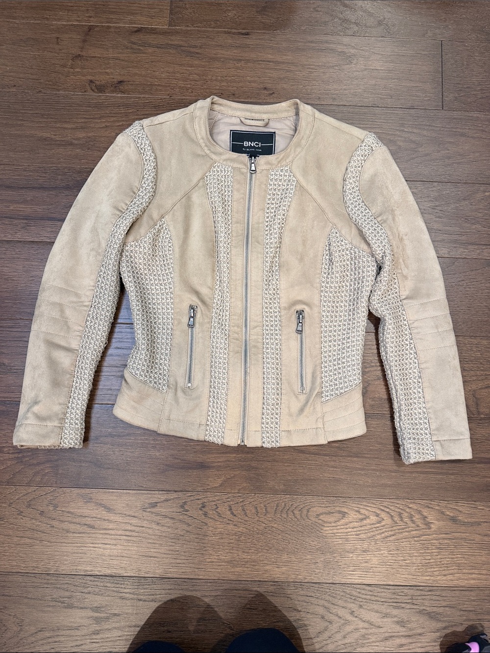 blanc noir Cream Suede Knit-Panel Zip Jacket Size Small - C31